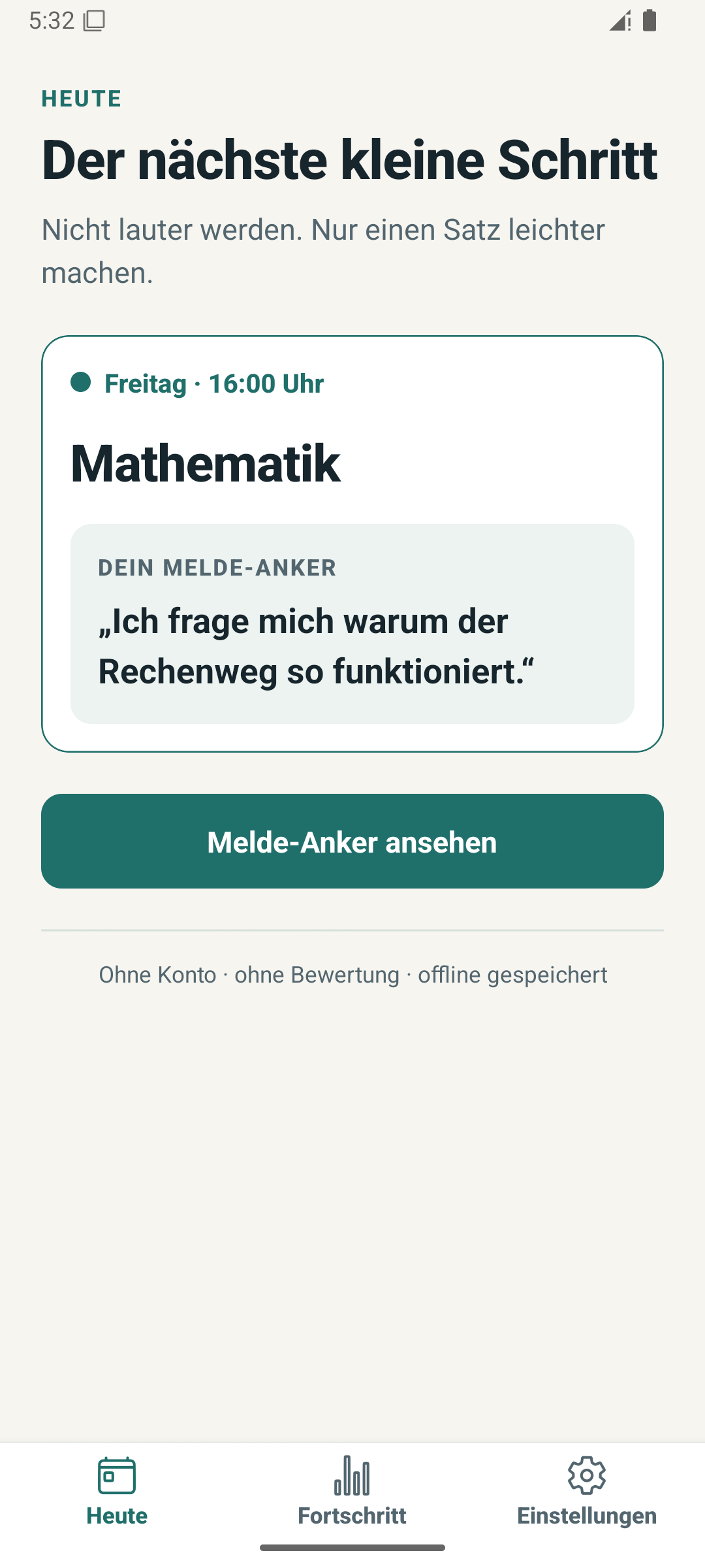 MeldeMut zeigt die nächste Unterrichtsstunde und einen vorbereiteten Melde-Anker.